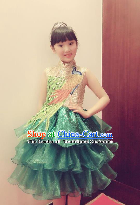 Traditional Chinese Modern Dancing Performance Costume, Children Opening Classic Chorus Singing Group Dance Phoenix Paillette Uniforms, Modern Dance Classic Dance Green Bubble Dress for Girls Kids