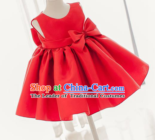 Traditional Chinese Modern Dancing Compere Costume, Children Opening Classic Chorus Singing Group Dance Dress, Modern Dance Classic Dance Red Bubble Dress for Girls Kids