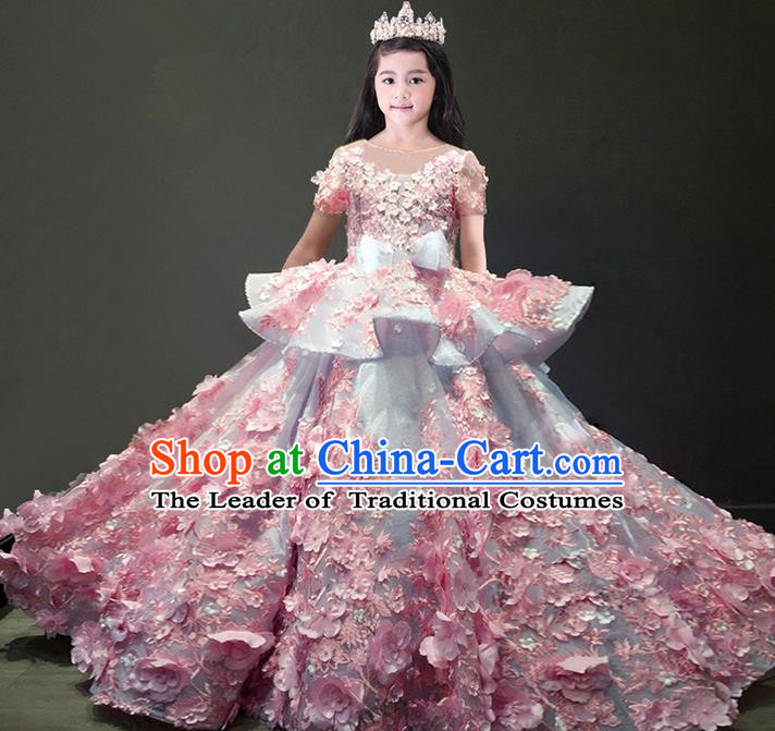 Traditional Chinese Top Grade Modern Dancing Compere Performance Costume, Children Opening Classic Chorus Singing Group Dance Flowers Evening Dress, Modern Dance Classic Dance Green Trailing Dress for Girls Kids