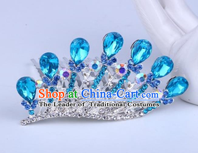 Top Grade Handmade Chinese Classical Hair Accessories, Children Baroque Style Headband Princess Royal Crown Blue Rhinestone Coronet, Hair Sticks Hair Jewellery, Hair Clasp for Kids Girls