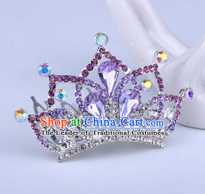 Top Grade Handmade Chinese Classical Hair Accessories, Children Baroque Style Headband Princess Royal Crown Purple Rhinestone Imperial Crown, Hair Sticks Hair Jewellery, Hair Clasp for Kids Girls