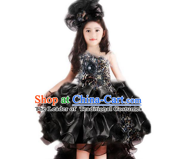 Traditional Chinese Modern Dancing Compere Performance Costume, Children Opening Classic Chorus Singing Group Dance Princess Black Leopard Trailing Full Dress, Modern Dance Halloween Party Dress for Girls Kids