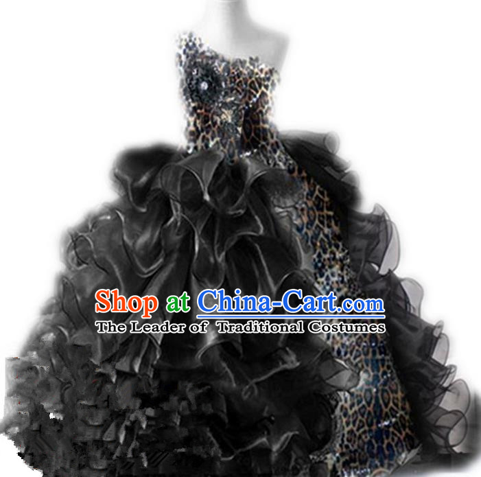 Traditional Chinese Modern Dancing Compere Performance Costume, Children Opening Classic Chorus Singing Group Dance Princess Black Leopard Long Bubble Full Dress, Modern Dance Halloween Party Dress for Girls Kids