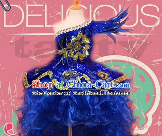 Traditional Chinese Modern Dancing Compere Performance Costume, Children Opening Classic Chorus Singing Group Dance Princess Blue Long Trailing Bubble Full Dress, Modern Dance Halloween Party Dress for Girls Kids