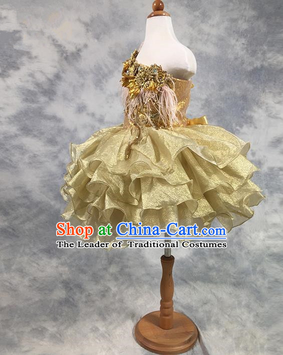 Traditional Chinese Modern Dancing Compere Costume, Children Opening Classic Chorus Singing Group Dance Princess Golden Paillette Full Dress, Modern Dance Classic Dance Bubble Dress for Girls Kids