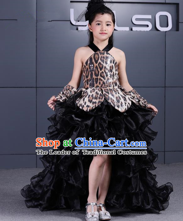 Top Grade Chinese Compere Performance Costume, Children Chorus Singing Group Black Veil Full Dress Modern Dance Leopard Trailing Bubble Short Dress for Girls Kids