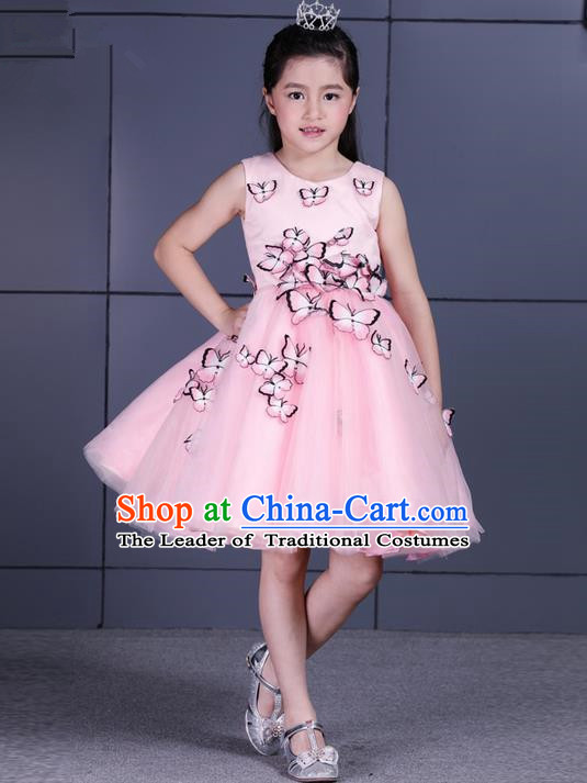 Top Grade Chinese Compere Performance Costume, Children Chorus Singing Group Pink Three-dimensional Butterfly Full Dress Modern Dance Bubble Short Dress for Girls Kids