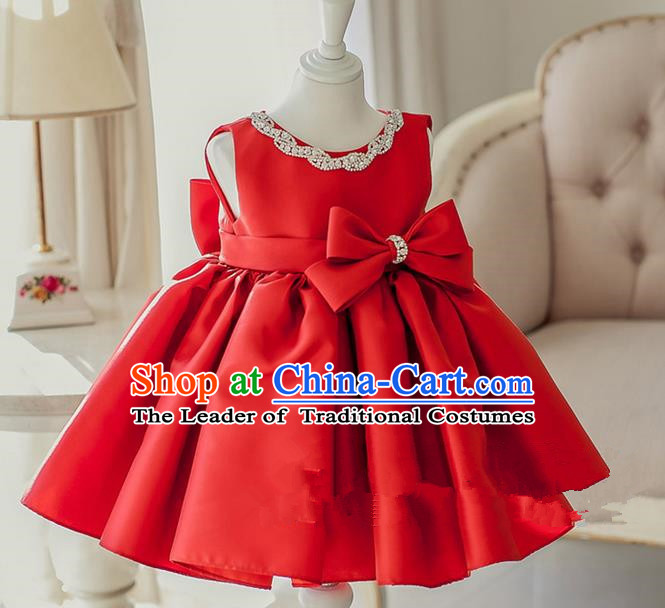 Top Grade Chinese Compere Catwalks Performance Costume, Children Chorus Singing Group Baby Princess Red Bubble Full Dress Modern Dance Short Dress for Girls Kids