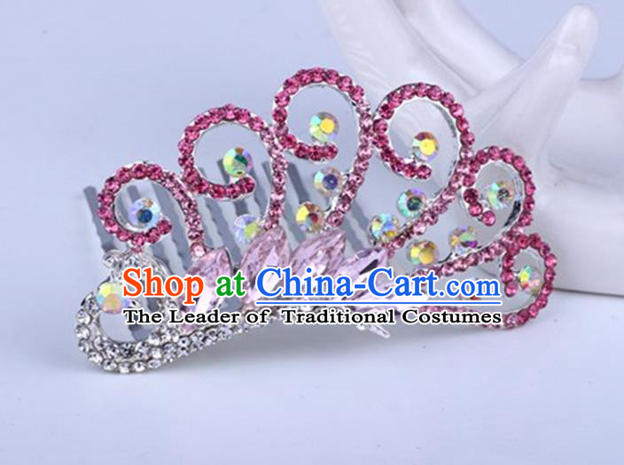 Top Grade Handmade Classical Peacock Hair Accessories, Children Baroque Style Crystal Hairpins Rhinestone Princess Pink Royal Crown Hair Jewellery Hair Clasp for Kids Girls