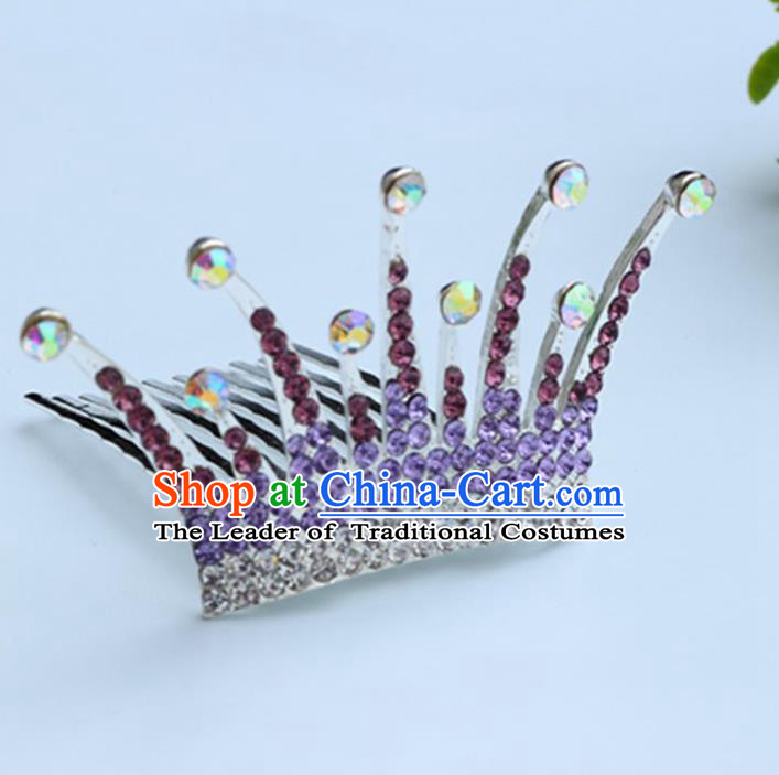 Top Grade Handmade Classical Hair Accessories Hair Comb, Children Baroque Style Crystal Hairpins Rhinestone Princess Purple Royal Crown Hair Jewellery Hair Clasp for Kids Girls