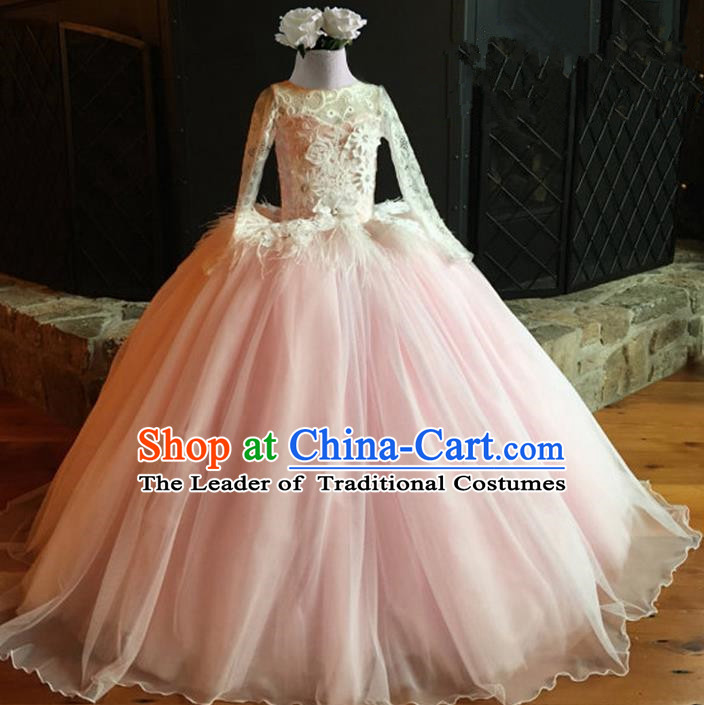 Top Grade Professional Compere Performance Catwalks Costume, Children Chorus Singing Group Pink Lace Full Dress Modern Dance Big Swing Bubble Dress for Girls Kids