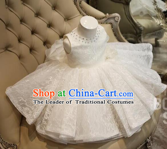 Top Grade Professional Compere Performance Catwalks Costume, Children Chorus Singing Group Baby Princess Full Dress Modern Dance Short White Bubble Dress for Girls Kids