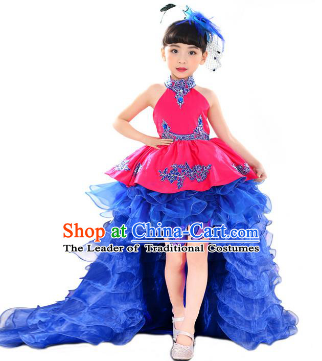 Top Grade Professional Compere Performance China Style Catwalks Costume, Children Chorus Singing Group Paillette Full Dress Modern Dance Trailing Dress for Girls Kids