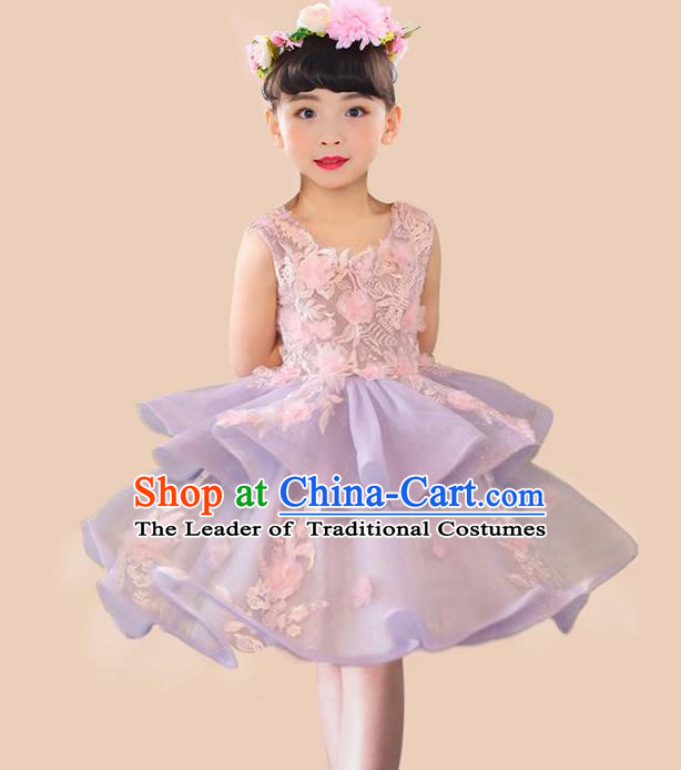 Top Grade Professional Compere Performance Catwalks Costume, Children Chorus Singing Group Flowers Purple Full Dress Modern Dance Bubble Dress for Girls Kids