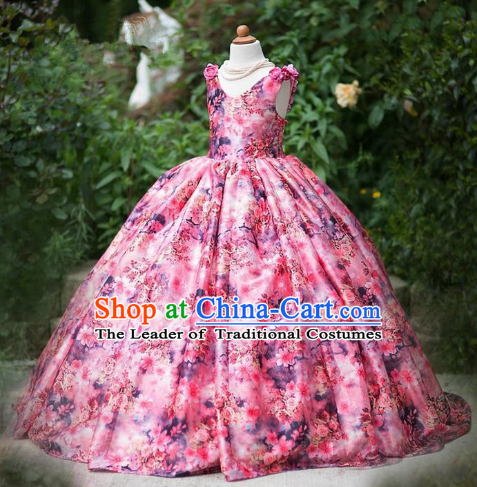 Top Grade Professional Compere Performance Catwalks Costume, Children Chorus Singing Group Little Princess Flowers Long Full Dress Modern Dance Big Swing Dress for Girls Kids