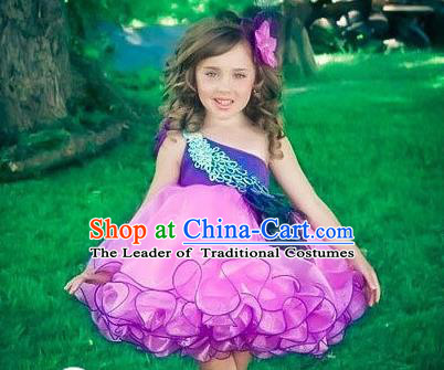 Top Grade Professional Compere Performance Catwalks Costume, Children Chorus Singing Group Little Princess One-shoulder Purple Wedding Veil Full Dress Modern Dance Bubble Dress for Girls Kids