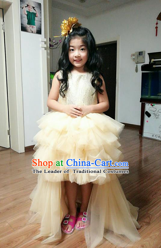 Top Grade Professional Compere Performance Catwalks Costume, Children Chorus Singing Group Little Princess Wedding Full Dress Modern Dance White Long Trailing Bubble Dress for Girls Kids