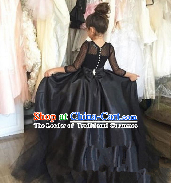 Top Grade Professional Compere Performance Catwalks Costume, Children Chorus Singing Group Little Princess Halloween Lace Full Dress Modern Dance Black Long Trailing Dress for Girls Kids