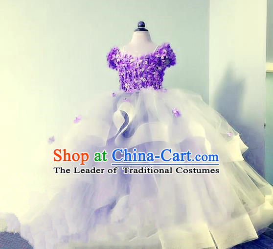 Top Grade Professional Compere Performance Catwalks Costume, Children Chorus Singing Group Baby Princess Flowers Purple Full Dress Modern Dance Trailing Bubble Dress for Girls Kids