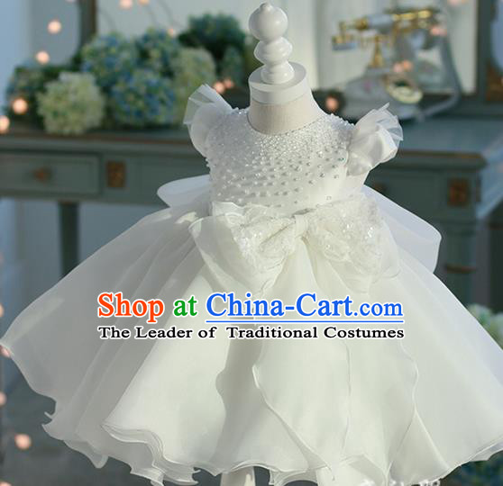 Top Grade Professional Compere Performance Catwalks Costume, Children Chorus Singing Group Baby Princess Flowers White Full Dress Modern Dance Bubble Dress for Girls Kids