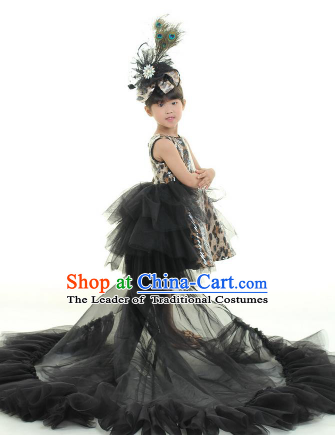 Top Grade Chinese Compere Professional Performance Costume, Children Chorus Singing Group Full Dress Modern Dance Black Leopard Trailing Dress for Girls Kids