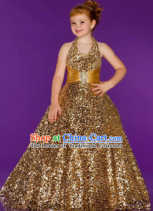 Top Grade Chinese Compere Professional Performance Catwalks Costume, Children Chorus Singing Group Gold Paillette Bubble Full Dress Modern Dance Little Princess Long Trailing Dress for Girls Kids