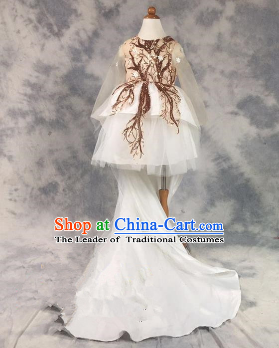 Top Grade Chinese Compere Professional Performance Catwalks Costume, Children Chorus Champagne Paillette Bubble Formal Dress Modern Dance Baby Princess Veil Long Trailing Dress for Girls Kids