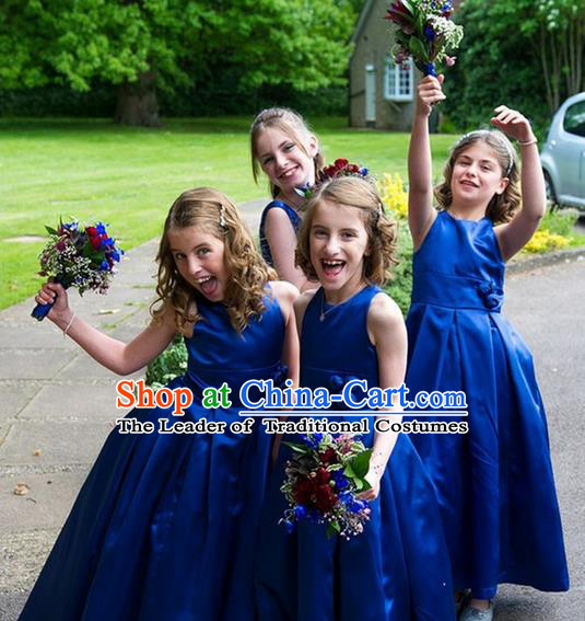 Top Grade Chinese Compere Professional Performance Catwalks Costume, Children Chorus Blue Bubble Wedding Formal Dress Modern Dance Baby Princess Long Satin Dress for Girls Kids