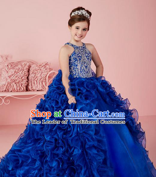 Top Grade Chinese Compere Professional Performance Catwalks Costume, Children Chorus Blue Flowers Big Swing Wedding Formal Dress Modern Dance Baby Princess Long Trailing Dress for Girls Kids