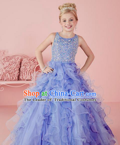 Top Grade Chinese Compere Professional Performance Catwalks Costume, Children Chorus Light Purple Crystal Big Swing Wedding Formal Dress Modern Dance Baby Princess Long Bubble Dress for Girls Kids