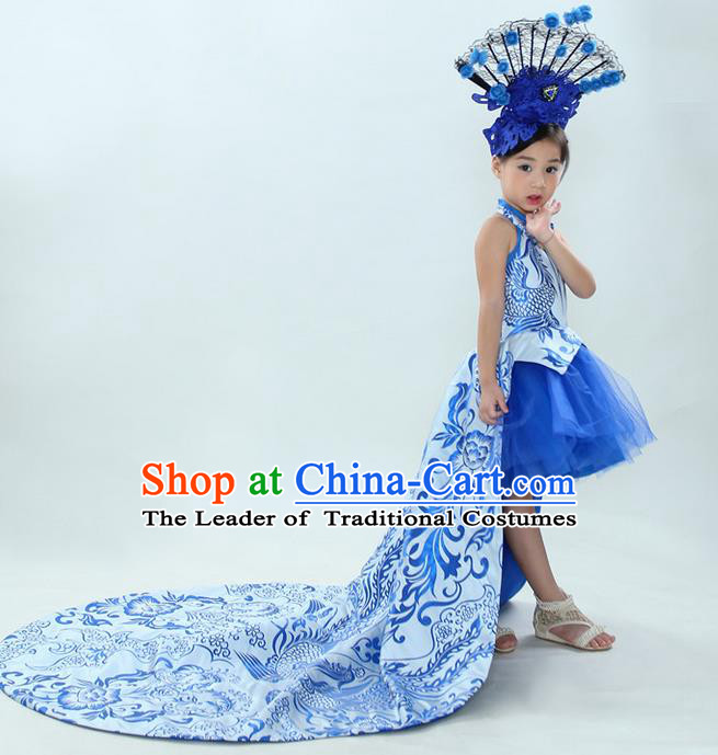 Top Grade Chinese Compere Professional Performance China Style Catwalks Costume, Children Chorus Blue and White Porcelain Formal Dress Modern Dance Baby Princess Long Trailing Dress for Girls Kids