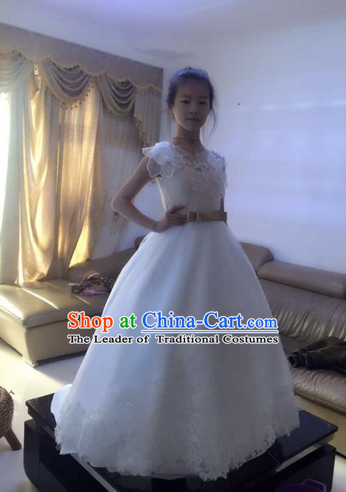 Top Grade Chinese Compere Professional Performance Piano Recital Catwalks Costume, Children Chorus Flowers Fairy White Wedding Bubble Formal Dress Modern Dance Baby Princess Trailing Long Dress for Girls Kids