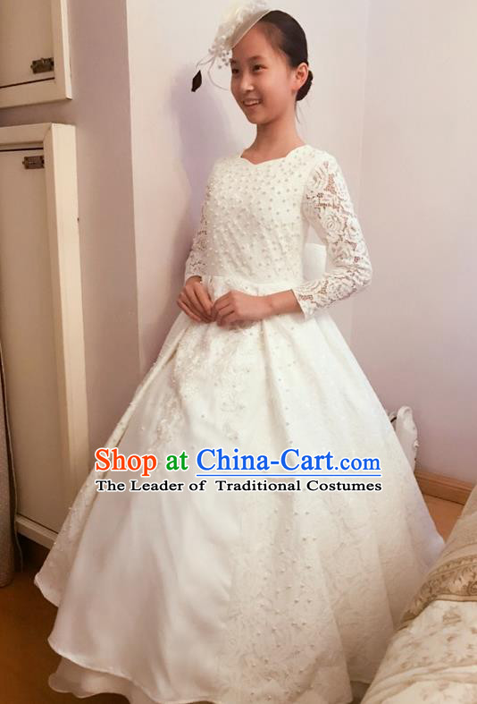 Top Grade Chinese Compere Professional Performance Piano Recital Catwalks Costume, Children Chorus Luxury White Wedding Bubble Formal Dress Modern Dance Baby Princess Trailing Long Dress for Girls Kids