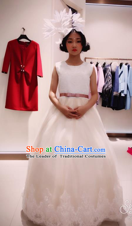 Top Grade Chinese Compere Professional Performance Piano Recital Catwalks Costume, Children Chorus Luxury Wedding Veil Bubble Formal Dress Modern Dance Baby Princess Trailing Long Dress for Girls Kids