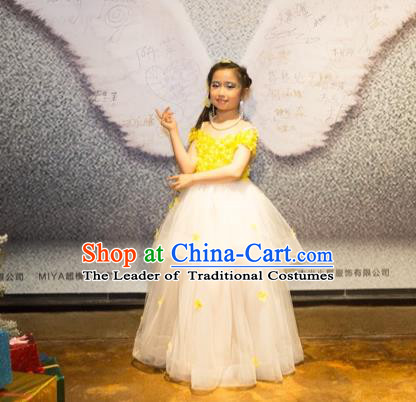 Top Grade Chinese Compere Professional Performance Catwalks Costume, Children Chorus Luxury Flower Fairy Yellow Wedding Bubble Formal Dress Modern Dance Baby Princess Long Trailing Dress for Girls Kids