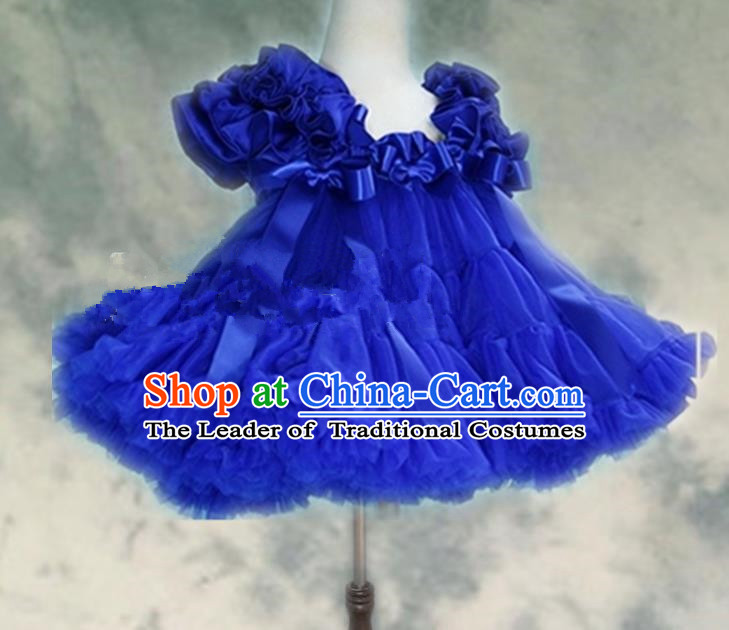 Top Grade Chinese Compere Professional Performance Catwalks Costume, Children Chorus Blue Bubble Formal Dress Modern Dance Baby Princess Veil Short Dress for Girls Kids