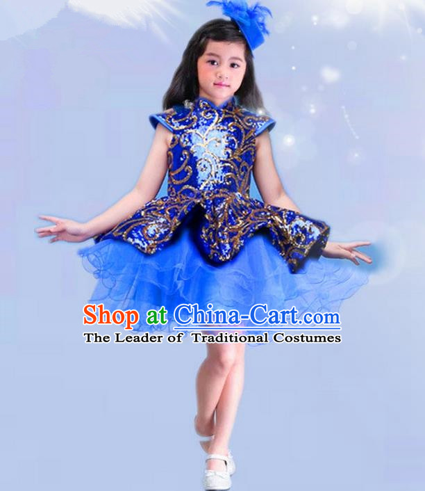 Top Grade Chinese Compere Professional Performance China Style Catwalks Costume, Children Chorus Luxury Blue Wedding Bubble Formal Dress Modern Dance Baby Princess Bubble Short Dress for Girls Kids