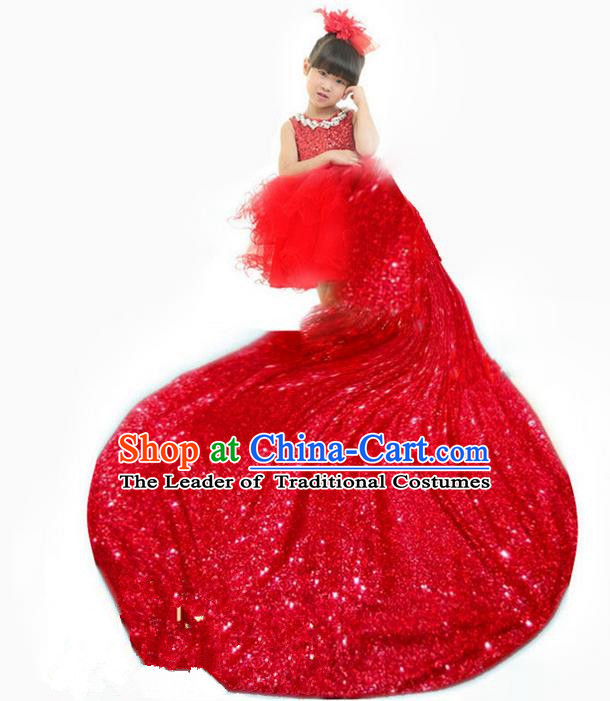 Top Grade Chinese Compere Professional Performance Christmas Catwalks Costume, Children Chorus Luxury Red Wedding Formal Dress Modern Dance Baby Princess Long Trailing Dress for Girls Kids