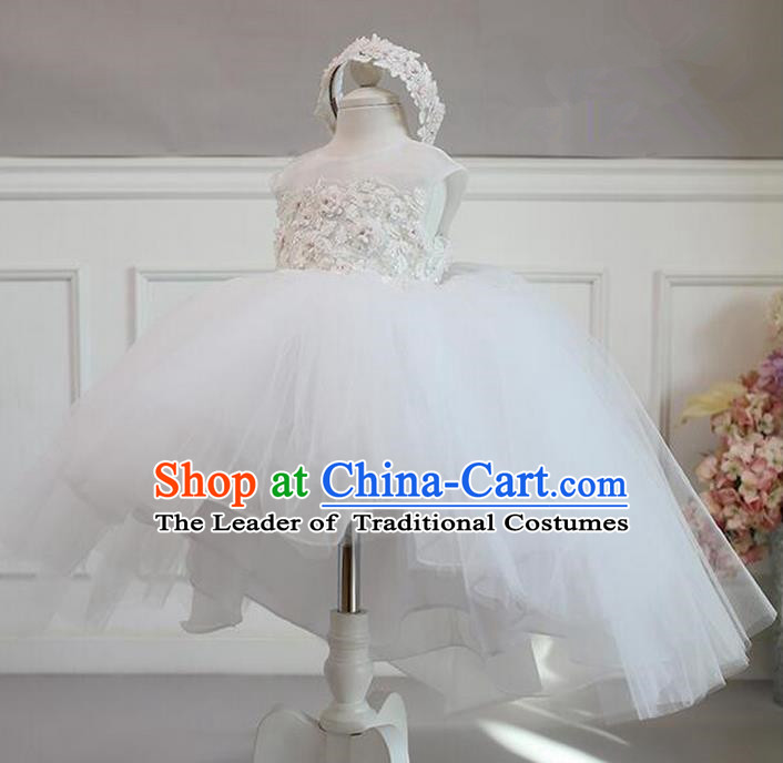 Top Grade Compere Professional Performance Catwalks Costume, Children Chorus White Flowers Veil Bubble Formal Dress Modern Dance Baby Princess Short Dress for Girls Kids