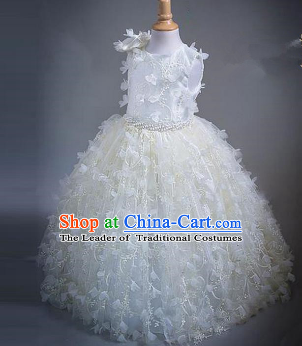 Top Grade Compere Professional Performance Catwalks Costume, Children Chorus White Bowknot Veil Bubble Formal Dress Modern Dance Baby Princess Big Swing Long Dress for Girls Kids