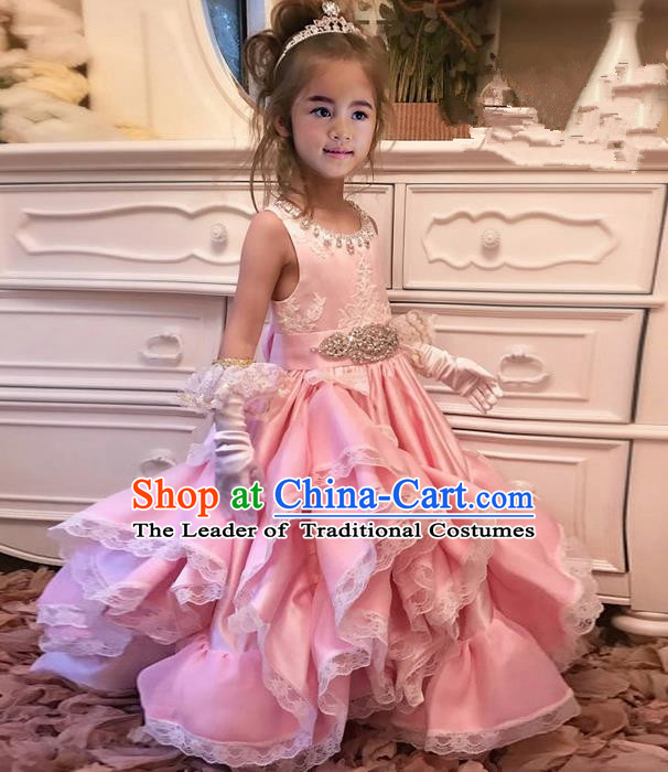 Top Grade Compere Professional Performance Catwalks Costume, Children Chorus Pink Crystal Lace Multilayer Veil Bubble Formal Dress Modern Dance Baby Princess Big Swing Long Dress for Girls Kids