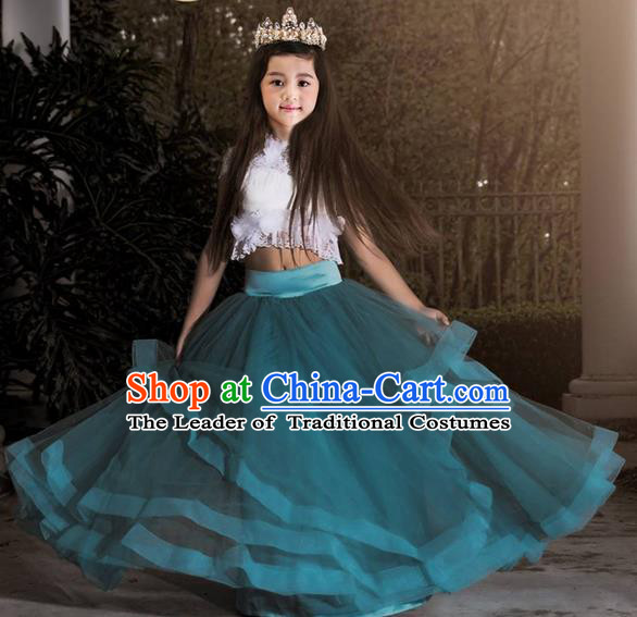 Top Grade Compere Professional Performance Catwalks Costume, Children Chorus Blue Lace Multilayer Veil Bubble Formal Dress Modern Dance Baby Princess Big Swing Long Dress for Girls Kids