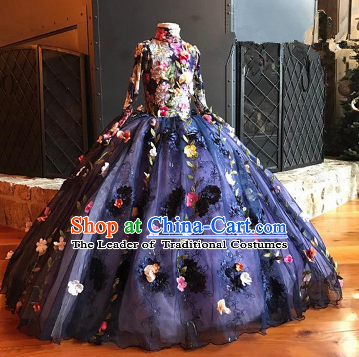 Top Grade Compere Professional Performance Catwalks Costume, Children Chorus Blue Bubble Backless Formal Dress Modern Dance Baby Princess Big Swing Long Dress for Girls Kids