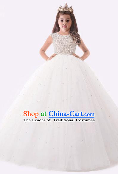 Top Grade Compere Professional Performance Catwalks Costume, Children Chorus Pearl White Formal Dress Modern Dance Baby Princess Ball Gown Long Dress for Girls Kids