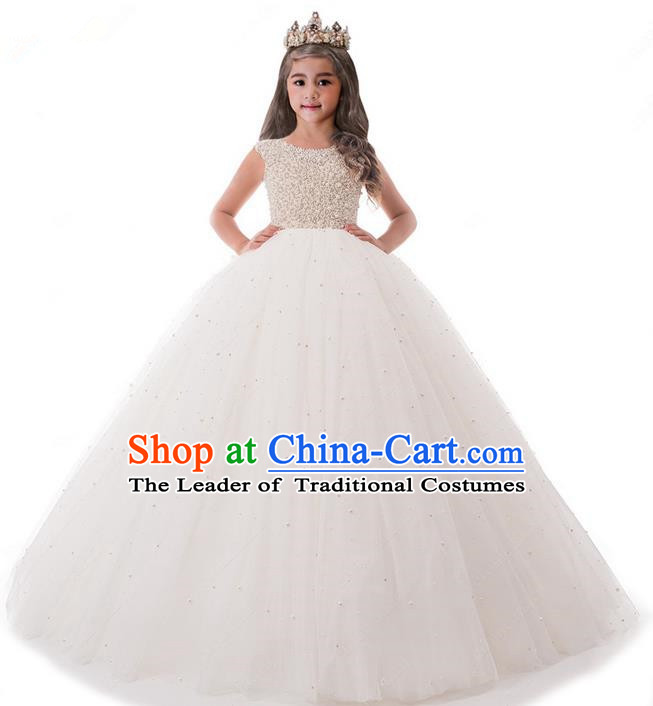 Top Grade Compere Professional Performance Catwalks Costume, Children Chorus White Pearl Formal Dress Modern Dance Baby Princess Ball Gown Trailing Dress for Girls Kids