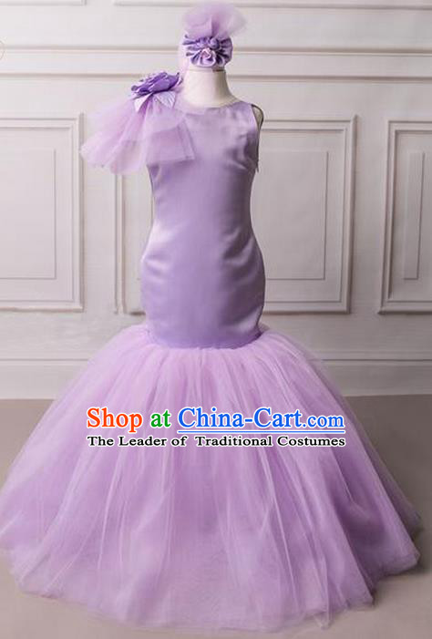 Top Grade Compere Professional Performance Catwalks Costume, Children Chorus Purple Flowers Fishtail Formal Dress Modern Dance Baby Princess Long Mermaid Dress for Girls Kids