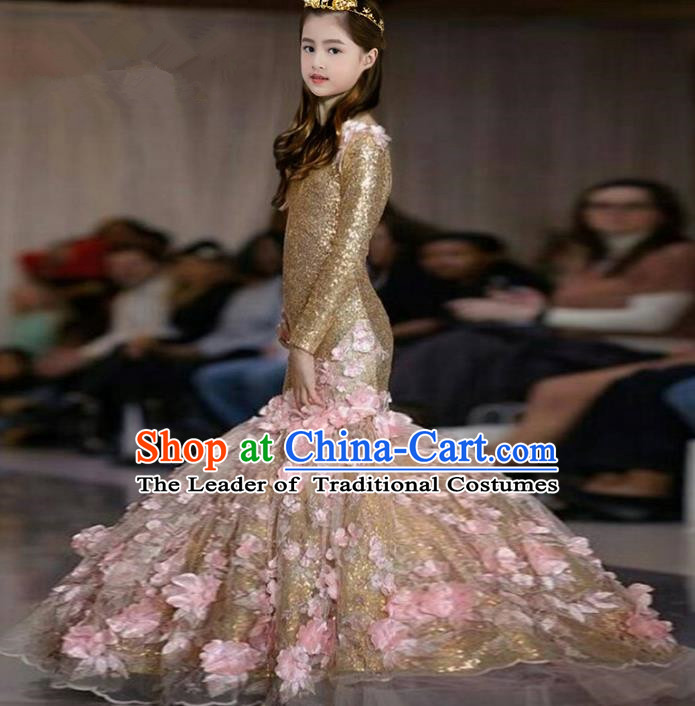 Top Grade Compere Professional Performance Catwalks Costume, Children Chorus Golden Fishtail Wedding Formal Dress Modern Dance Baby Princess Mermaid Ball Gown Long Dress for Girls Kids