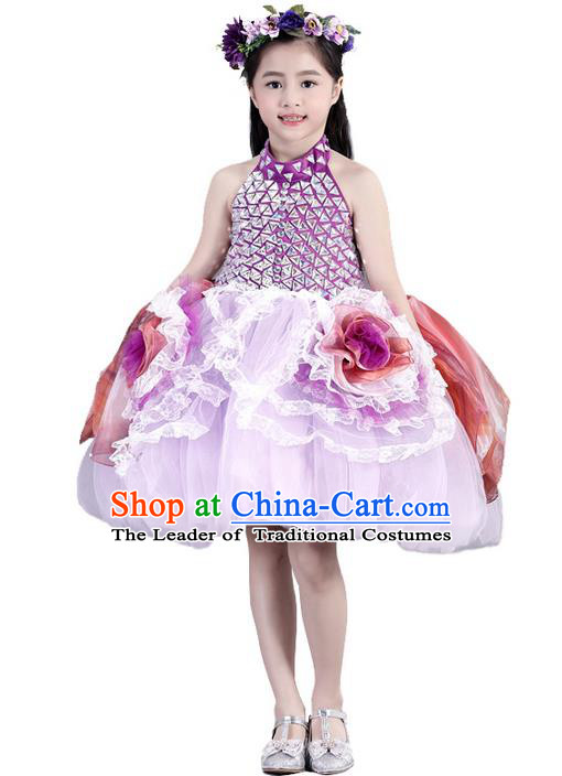 Top Grade Compere Professional Performance Catwalks Costume, Children Chorus Pink Flowers Wedding Formal Bubble Dress Modern Dance Baby Princess Short Ball Gown Dress for Girls Kids