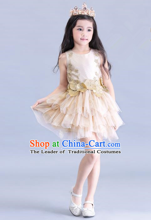 Top Grade Professional Compere Performance Catwalks Costume, Children Chorus Singing Group Champagne Bubble Full Dress Modern Dance Ball Gown Short Dress for Girls Kids