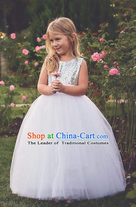 Top Grade Compere Professional Performance Catwalks Costume, Children Chorus White Bubble Bowknot Wedding Veil Formal Dress Modern Dance Baby Princess Ball Gown Long Trailing Dress for Girls Kids